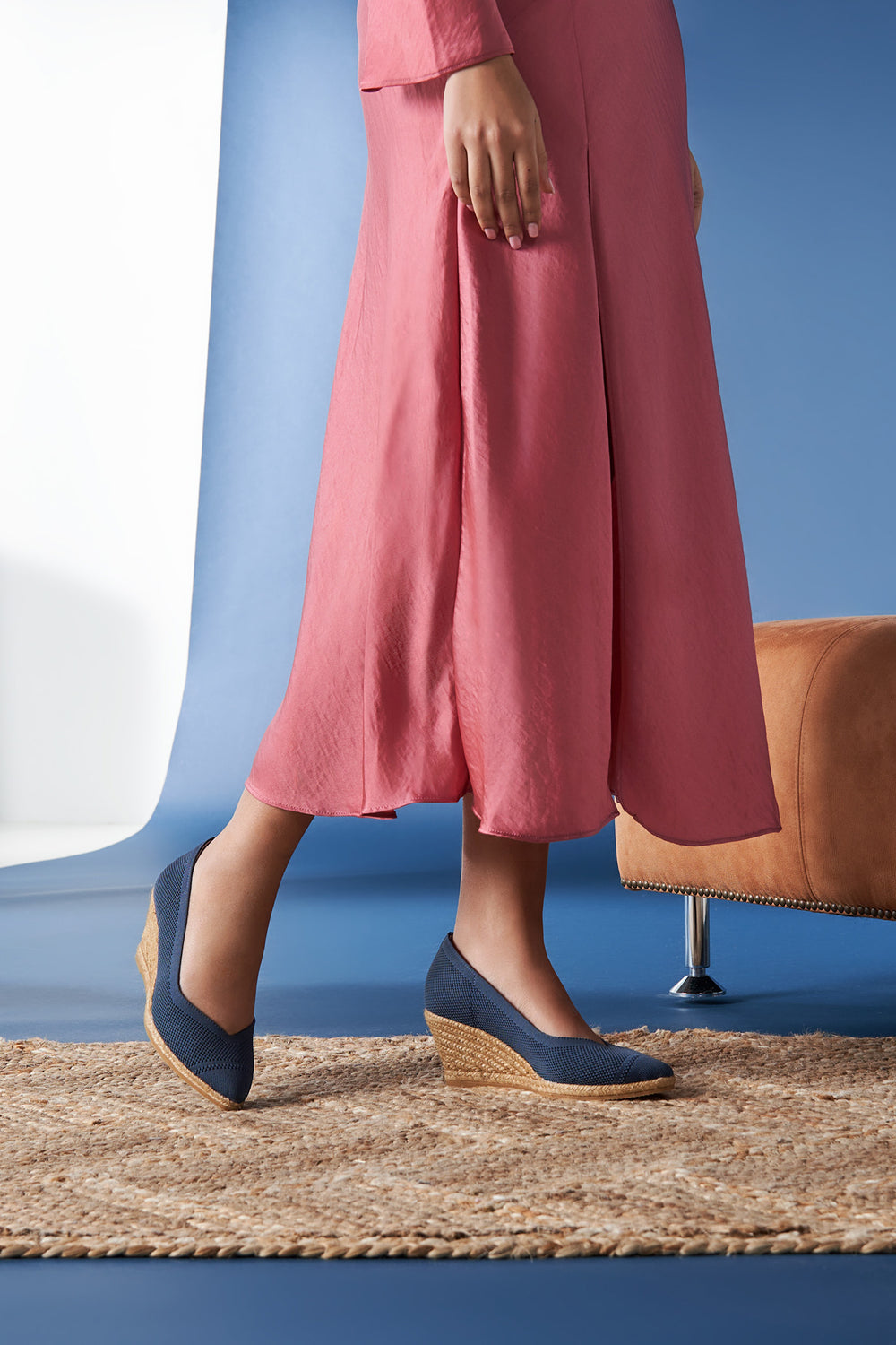 Roses V Cut Navy Blue Elastic Lycra Slip On Women Espadrille Wedges Legs