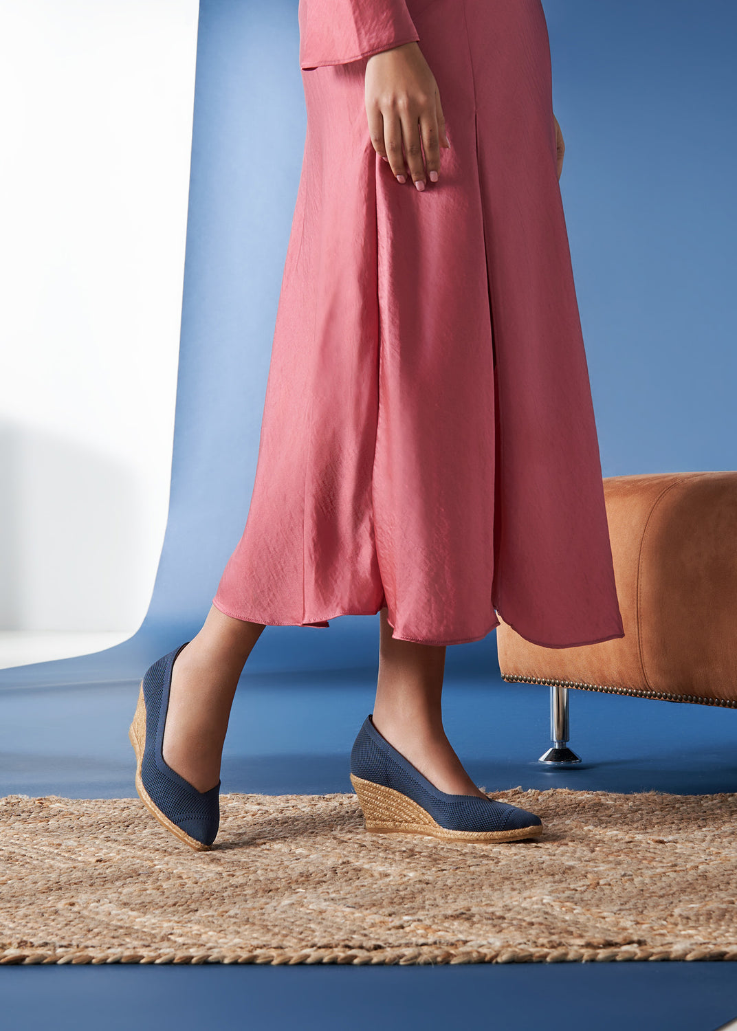 Roses V Cut Navy Blue Elastic Lycra Slip On Women Espadrille Wedges Legs