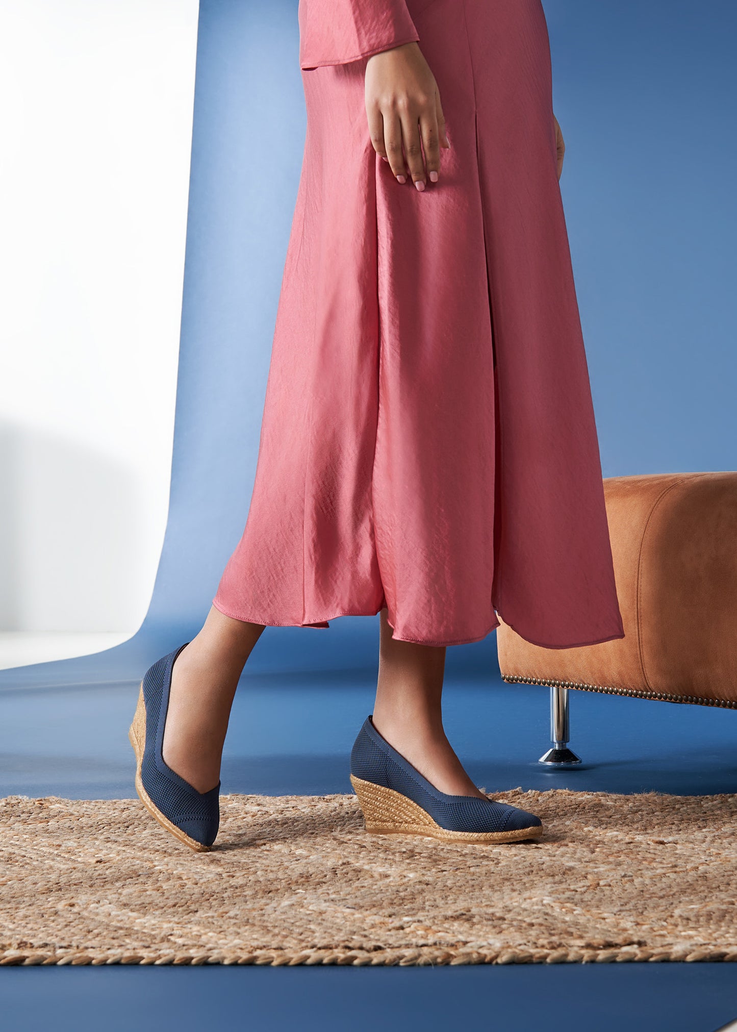 Roses V Cut Navy Blue Elastic Lycra Slip On Women Espadrille Wedges Legs