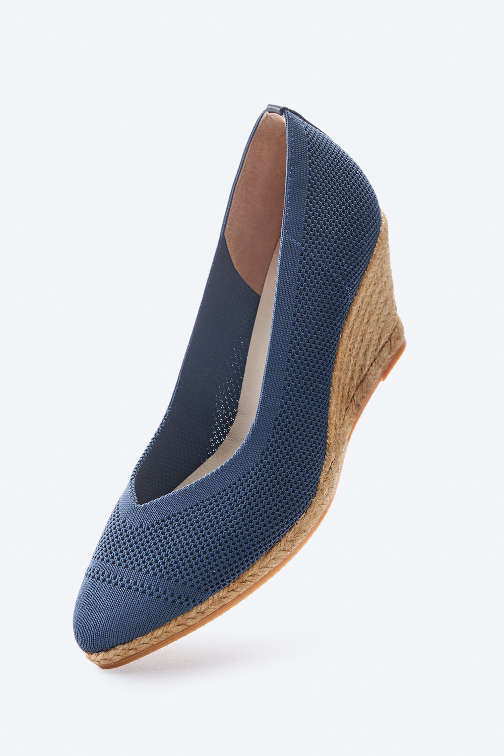 Roses V Cut Navy Blue Elastic Lycra Slip On Women Espadrille Medium Heel Wedge