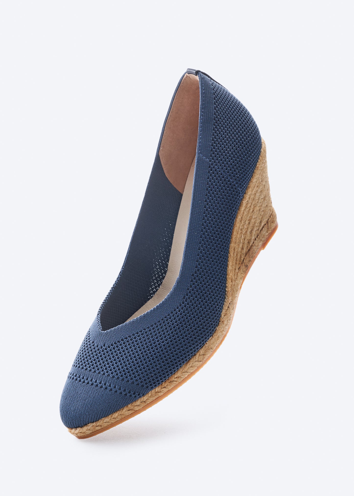 Roses V Cut Navy Blue Elastic Lycra Slip On Women Espadrille Medium Heel Wedge