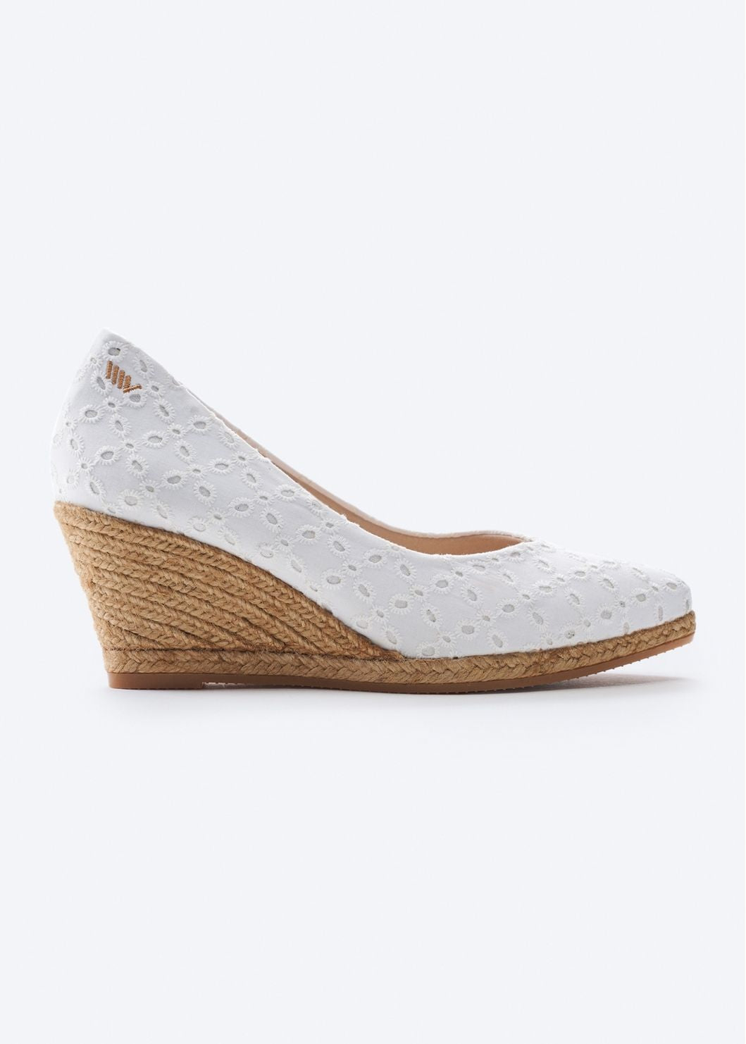 Roses V Cut Limited Edition White Swiss Embroidery Canvas Slip On Women Espadrille Wedge