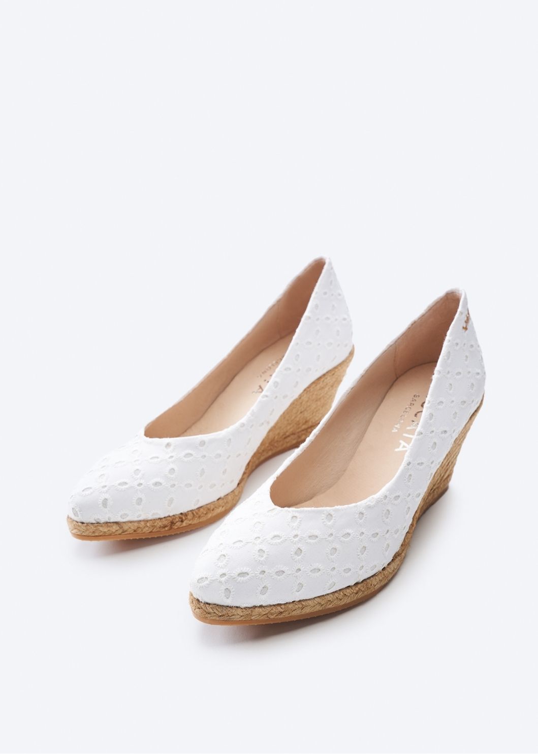 Roses V Cut Limited Edition White Swiss Embroidery Canvas Slip On Women Espadrille Meidum Wedges