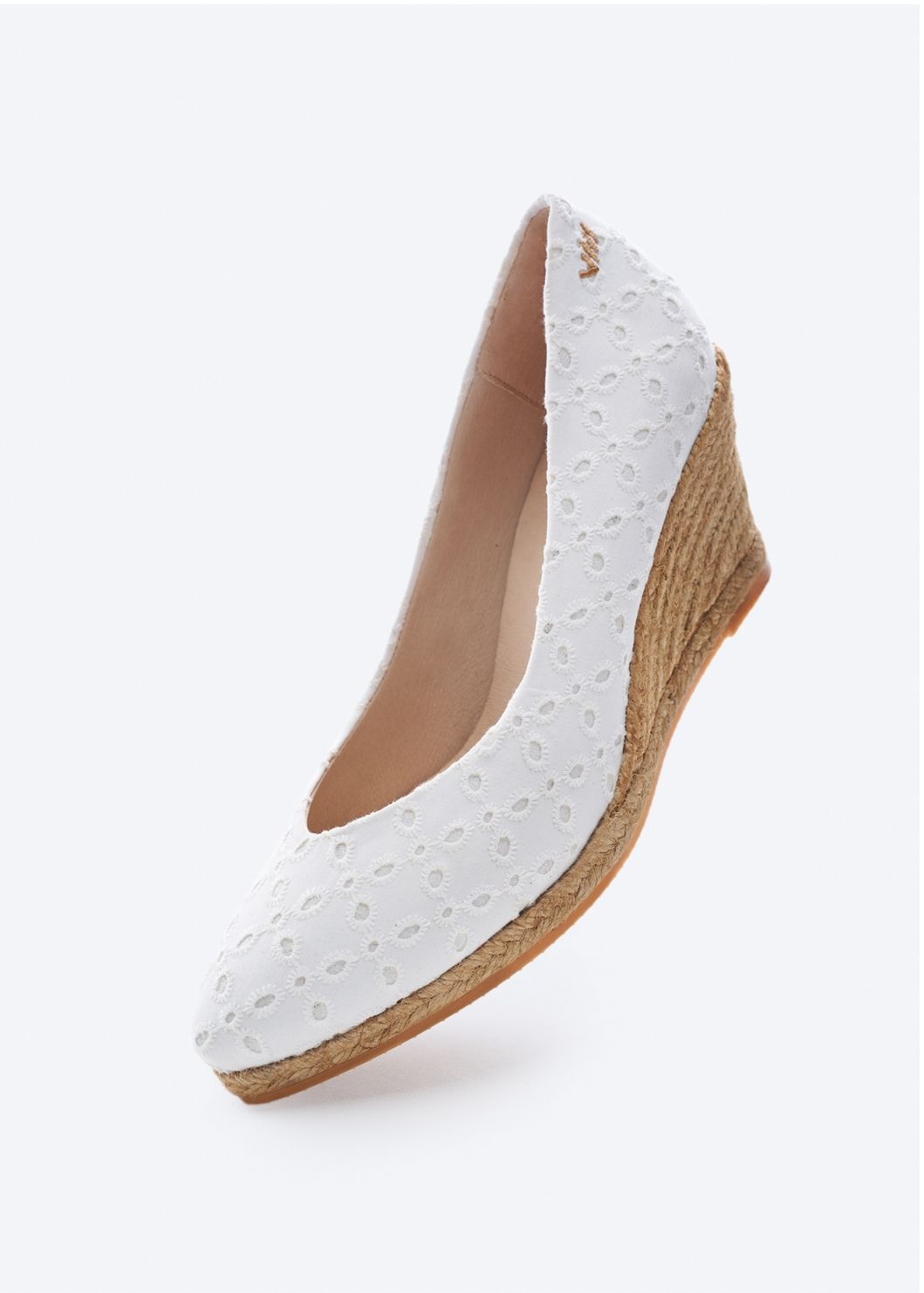 Roses V Cut Limited Edition White Swiss Embroidery Canvas Slip On Women Espadrille Medium Heel Wedge