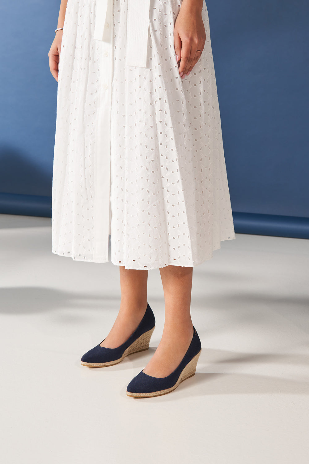 Roses U Cut Navy Blue Canvas Slip On Women Espadrille Wedges Legs