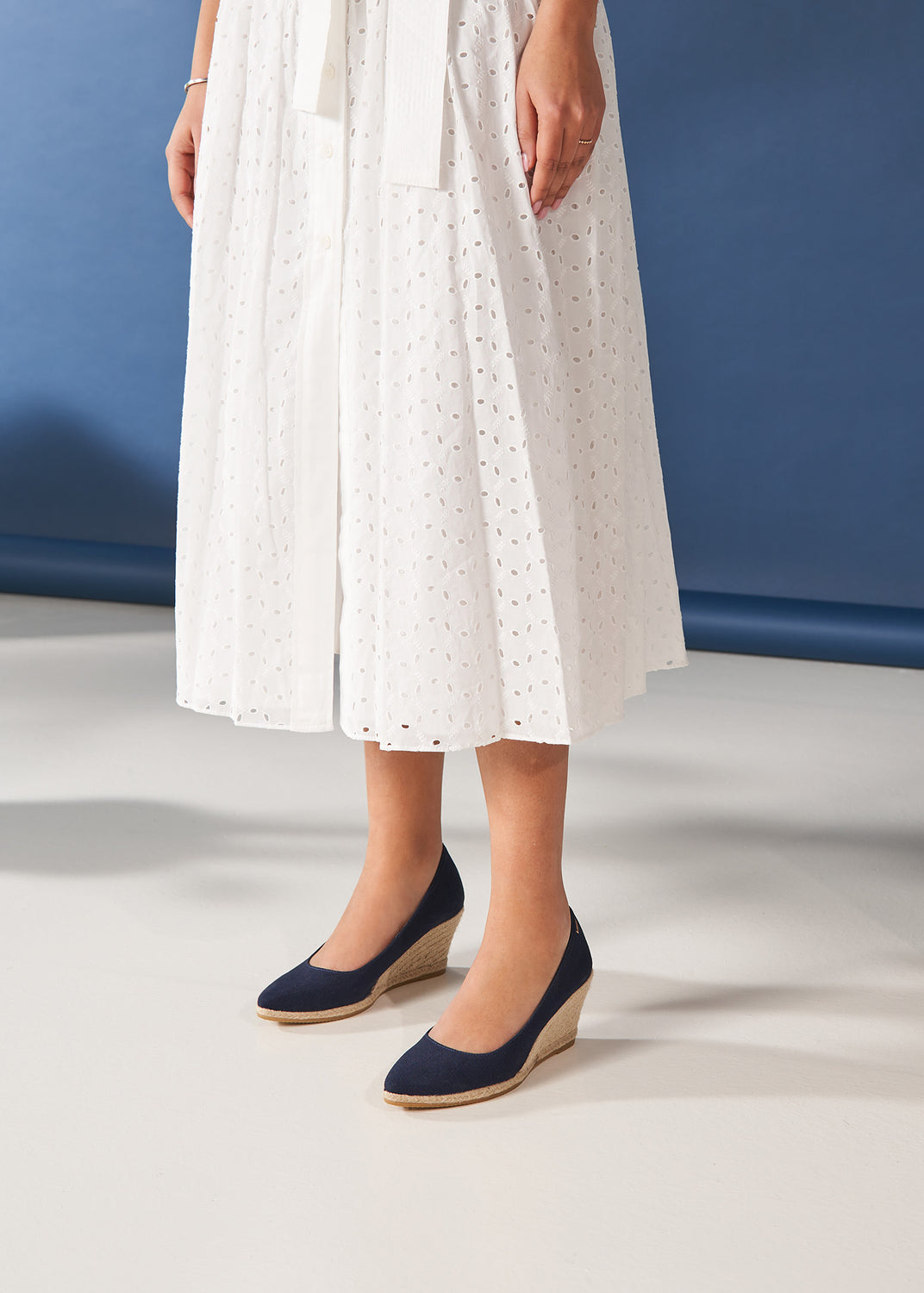 Roses U Cut Navy Blue Canvas Slip On Women Espadrille Wedges Legs