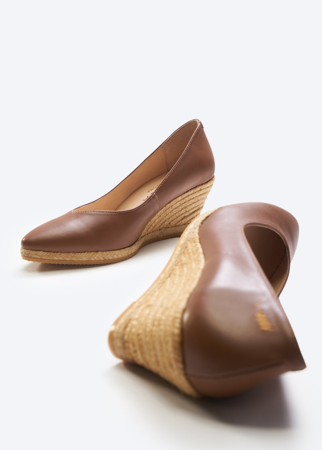 Roses V Cut Whiskey Brown Leather Slip On Woman Espadrille Medium Heel Wedges