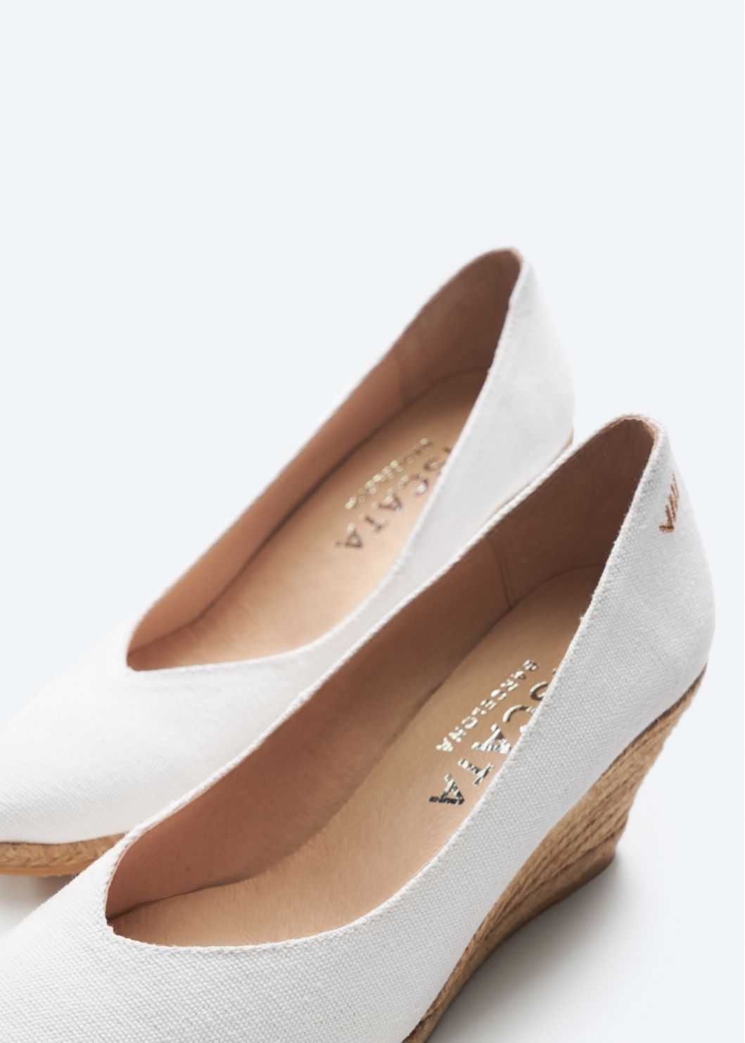 Roses V Cut Limited Edition White Canvas Slip On Women Espadrille Wedges Insole Detail