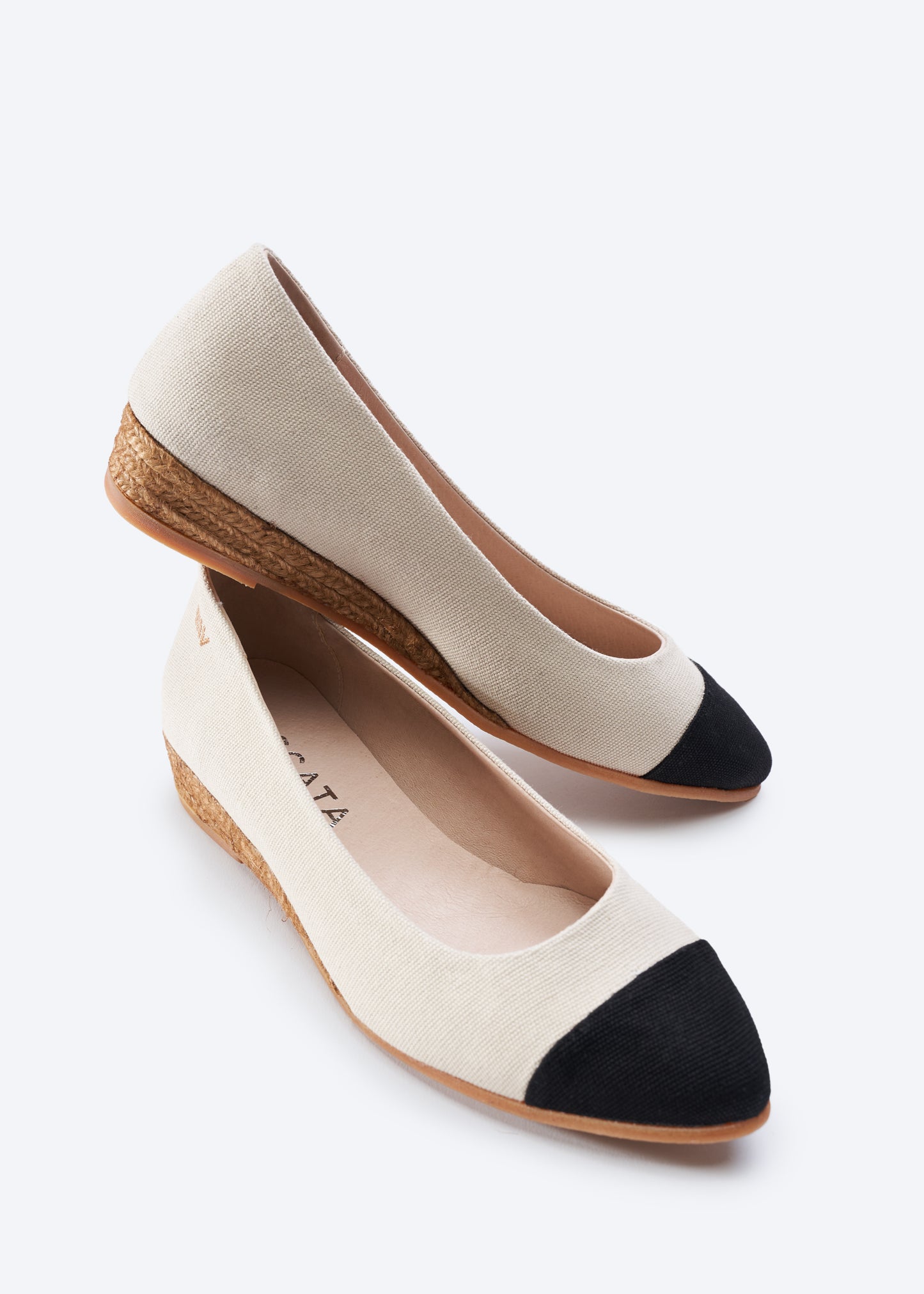 Rubina Limited Edition Beige Canvas Black Tip Slip On Women Almond Toe Espadrille Flats