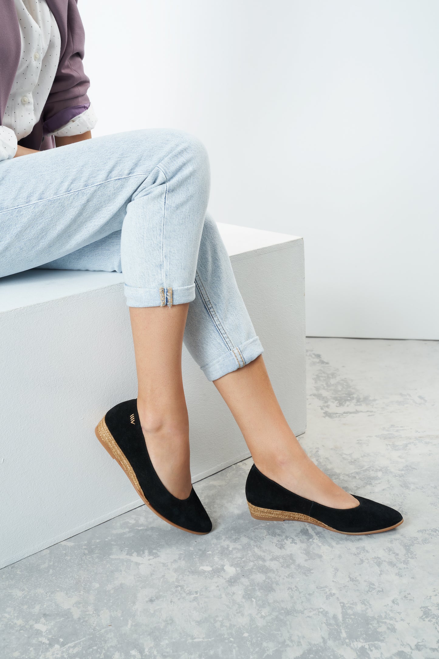 Rubina Black Suede Slip On Women Espadrille Flats Legs