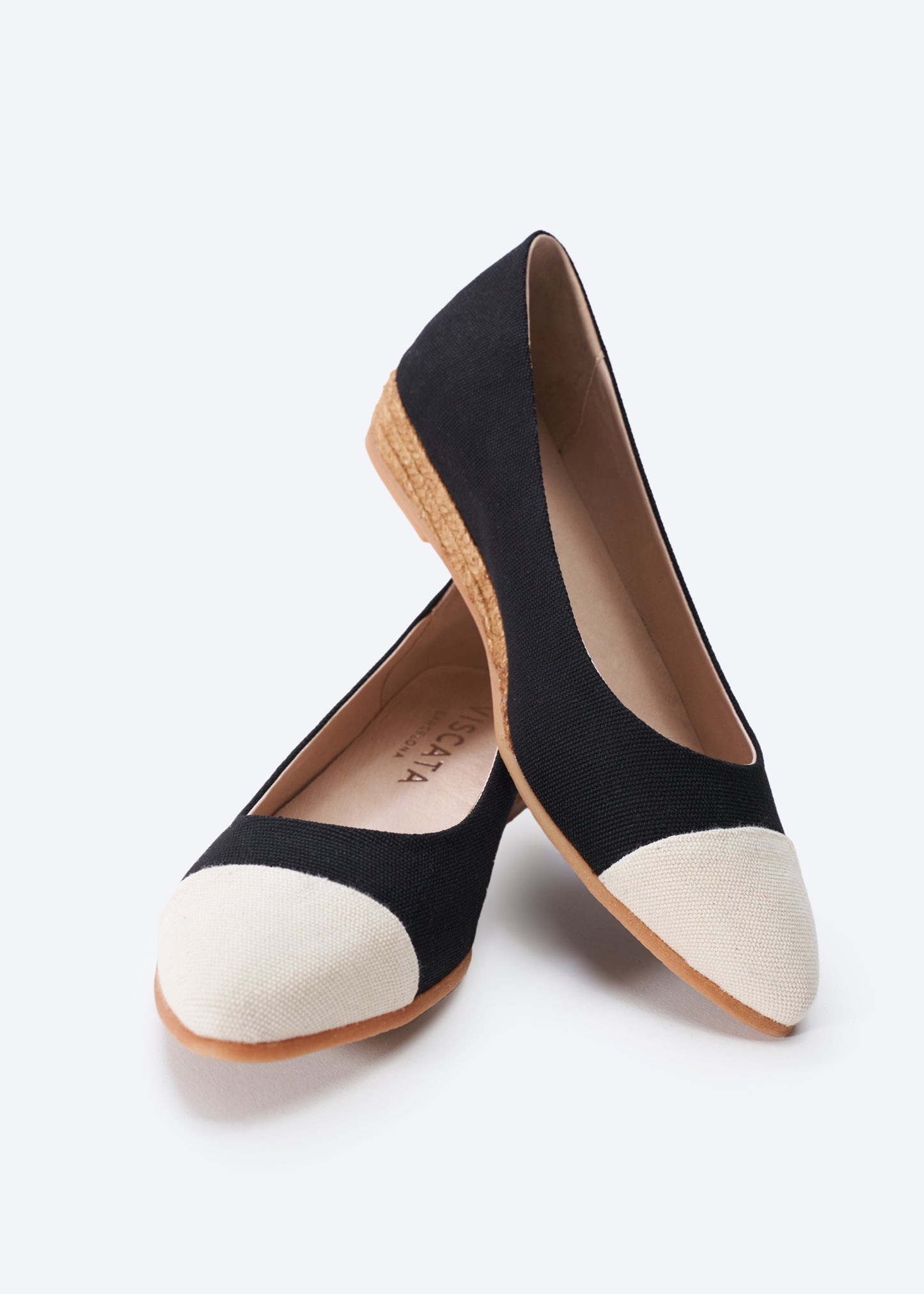 Rubina Limited Edition Black Canvas Beige Tip Slip On Women Almond Toe Espadrille Flats