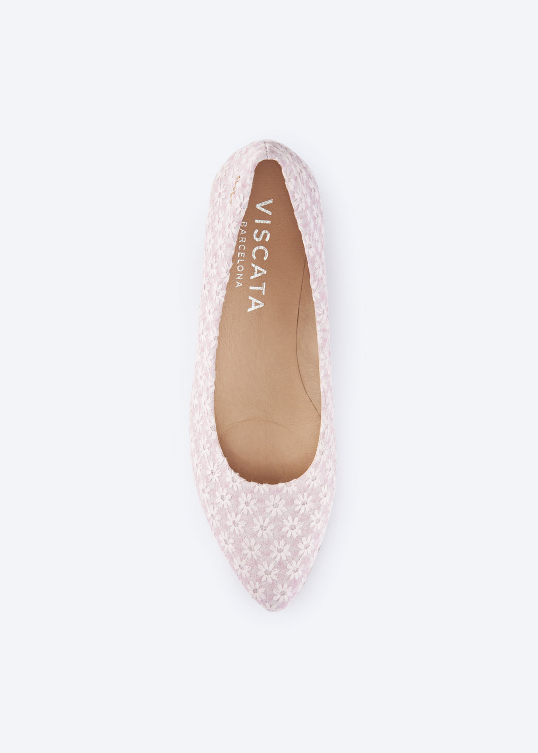 Top view of pale pink floral espadrille flat with a pointed toe and natural braided jute sole, handcrafted in Spain