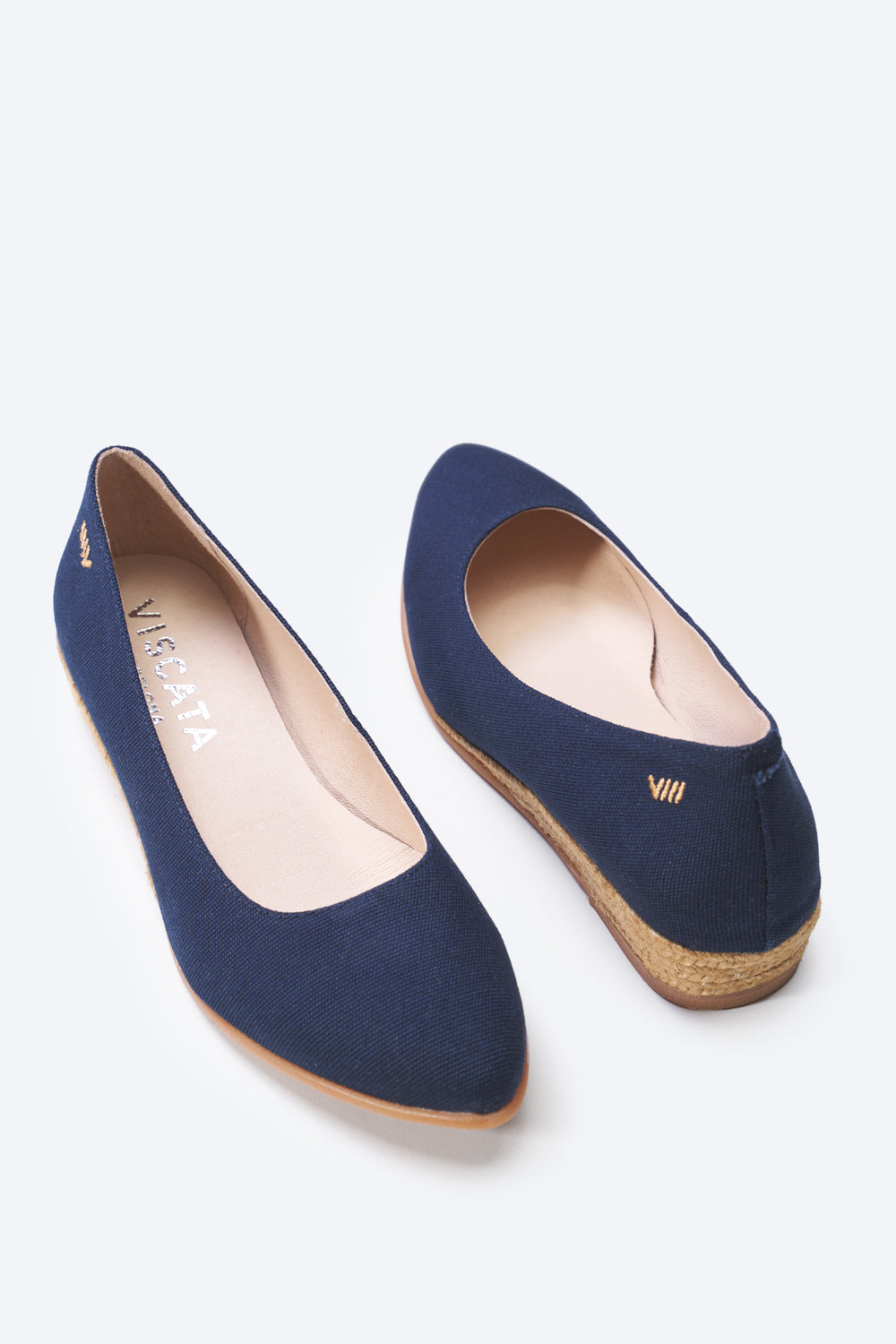 Rubina Navy Blue Canvas Slip On Women Espadrille Flats U Cut Toe and Back Details