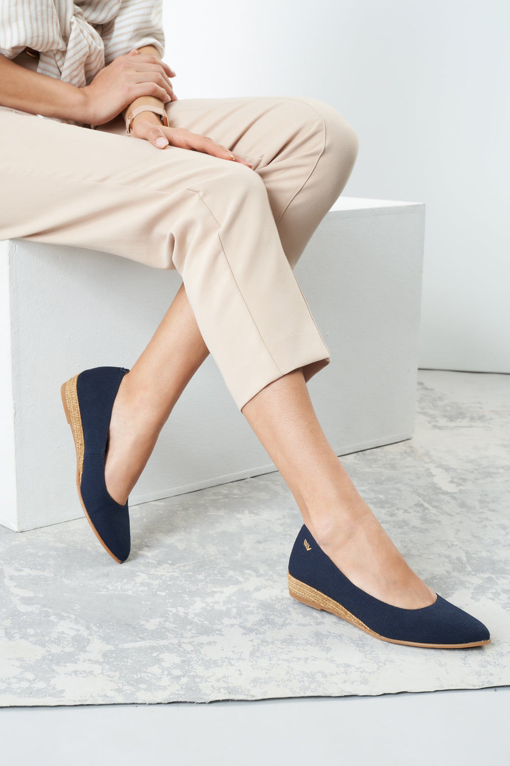 Rubina Navy Blue Canvas Slip On Women Espadrille Flats Legs