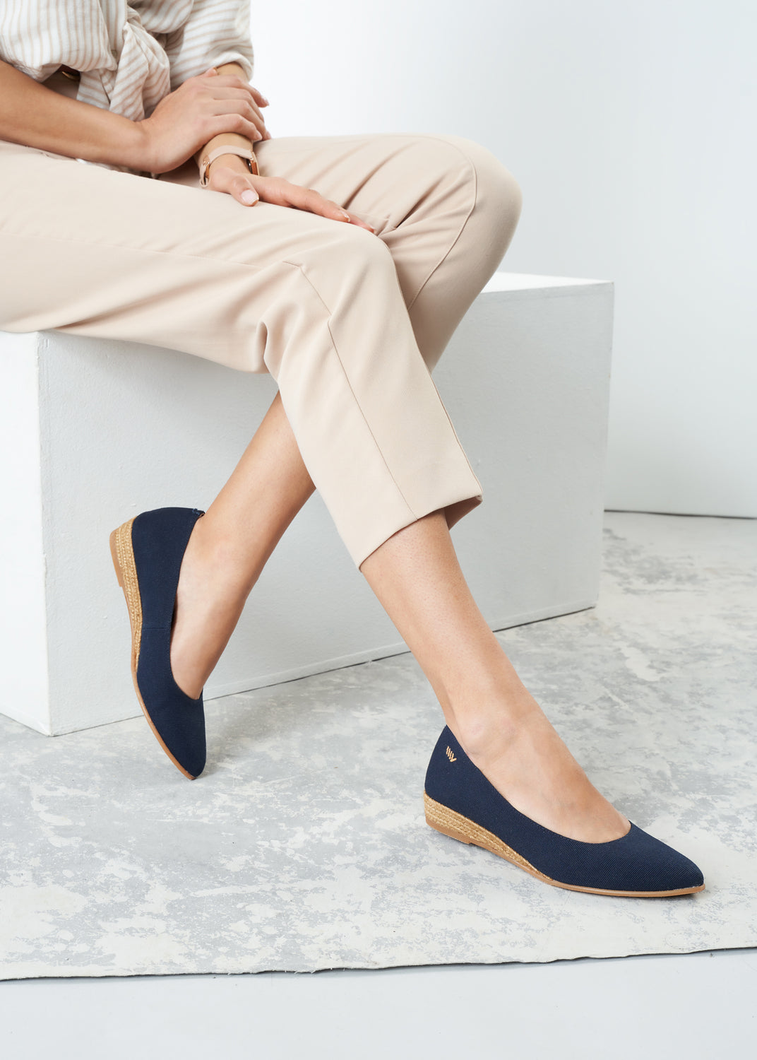 Rubina Navy Blue Canvas Slip On Women Espadrille Flats Legs