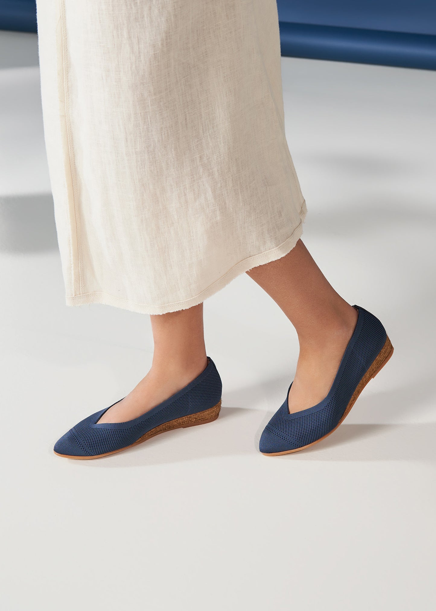Rubina Navy Blue Elastic Lycra Slip On Women Espadrille Flats Legs