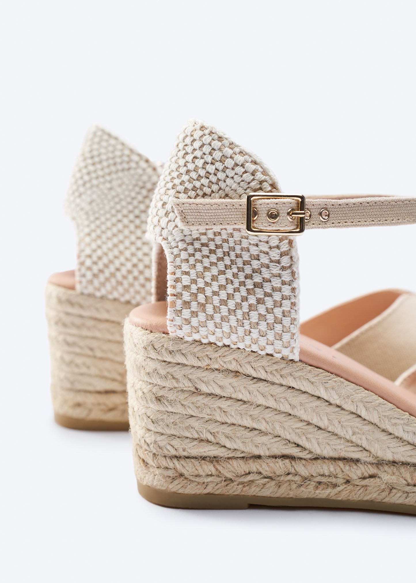 Sacova Beige Canvas Ankle Strap Women Espadrille Wedges Flexible Back Detail