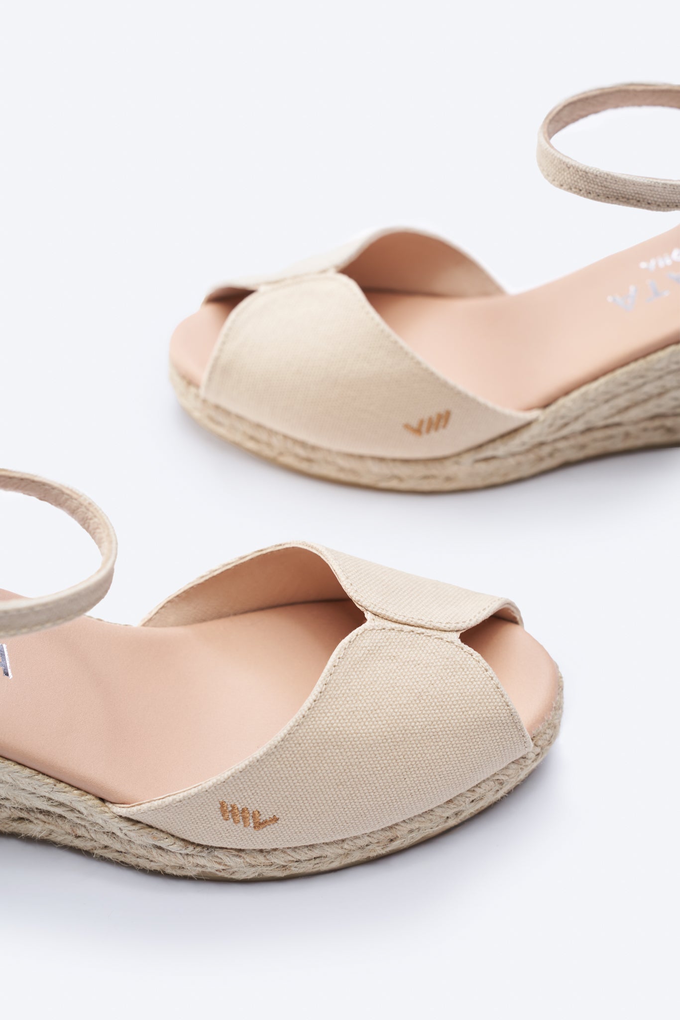 Sacova Beige Canvas Ankle Strap Women Espadrille Wedges Open Toe Detail