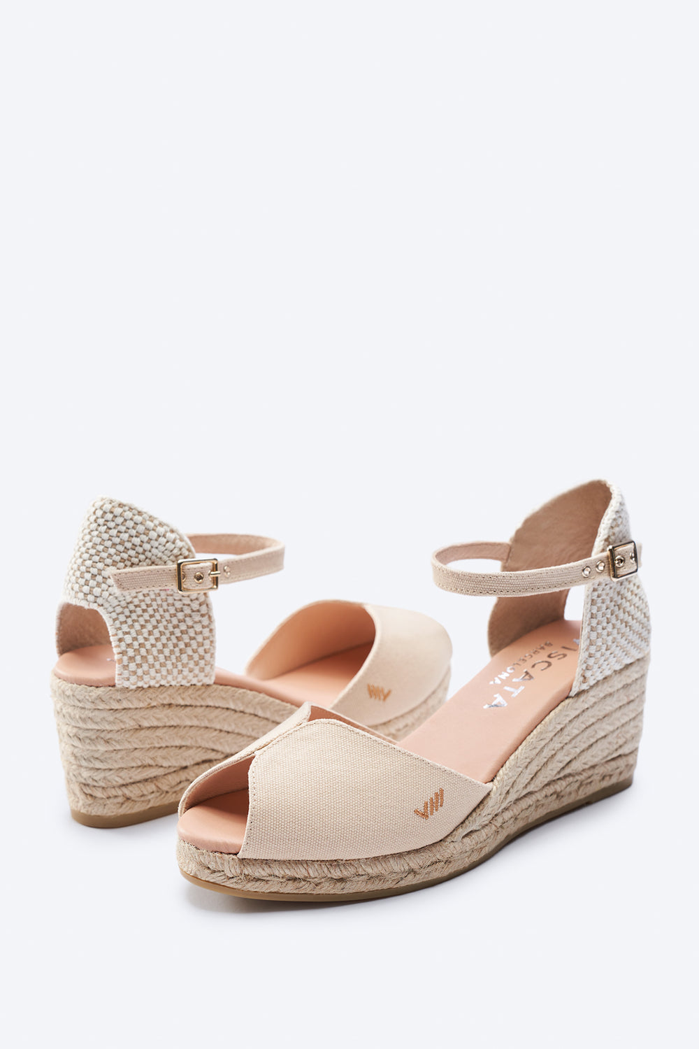 Sacova Beige Canvas Ankle Strap Women Espadrille Medium Wedges