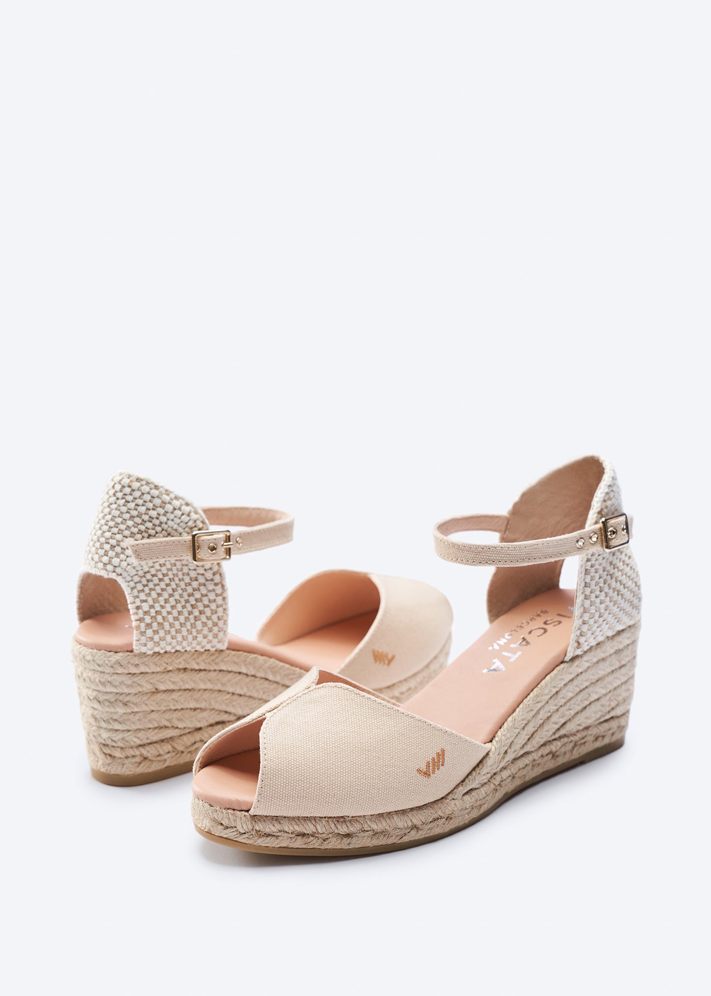 Sacova Beige Canvas Ankle Strap Women Espadrille Medium Wedges