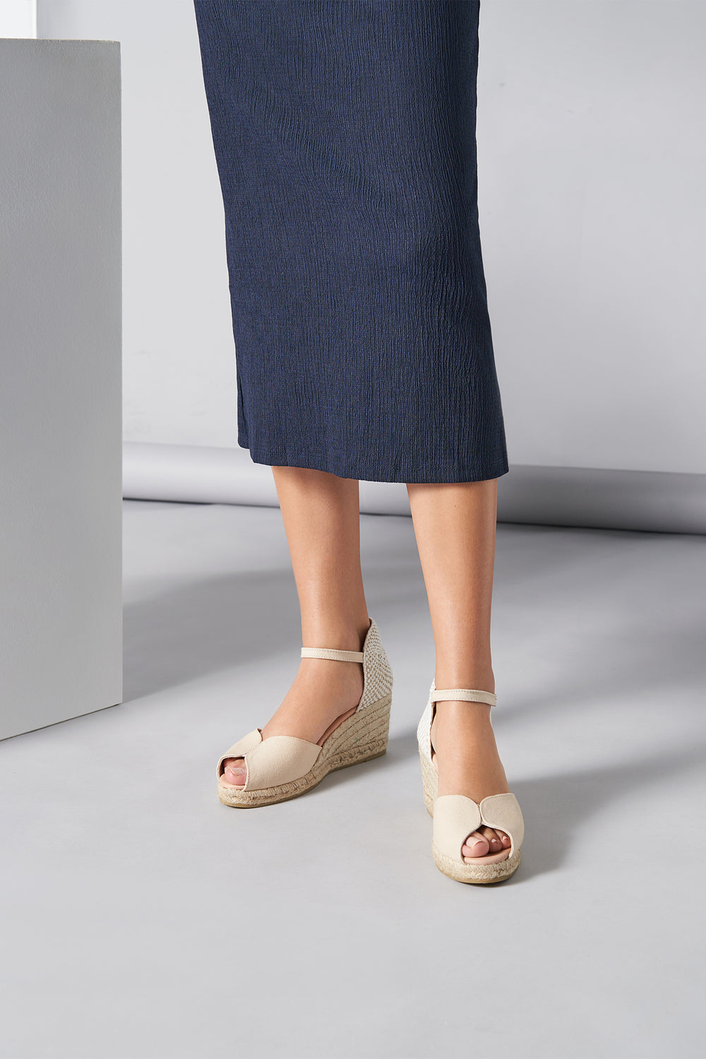 Sacova Beige Canvas Ankle Strap Women Espadrille Wedges Legs