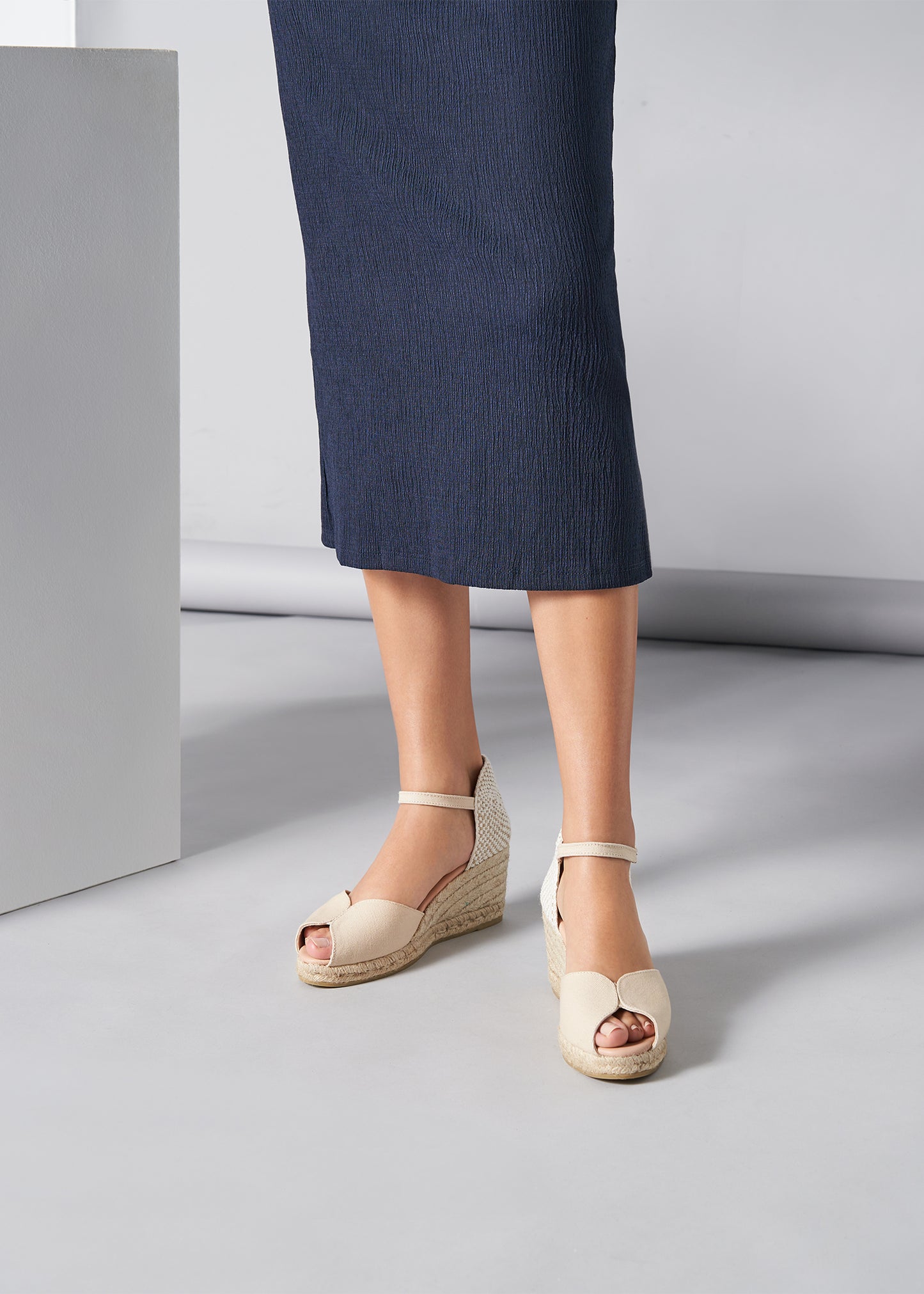 Sacova Beige Canvas Ankle Strap Women Espadrille Wedges Legs