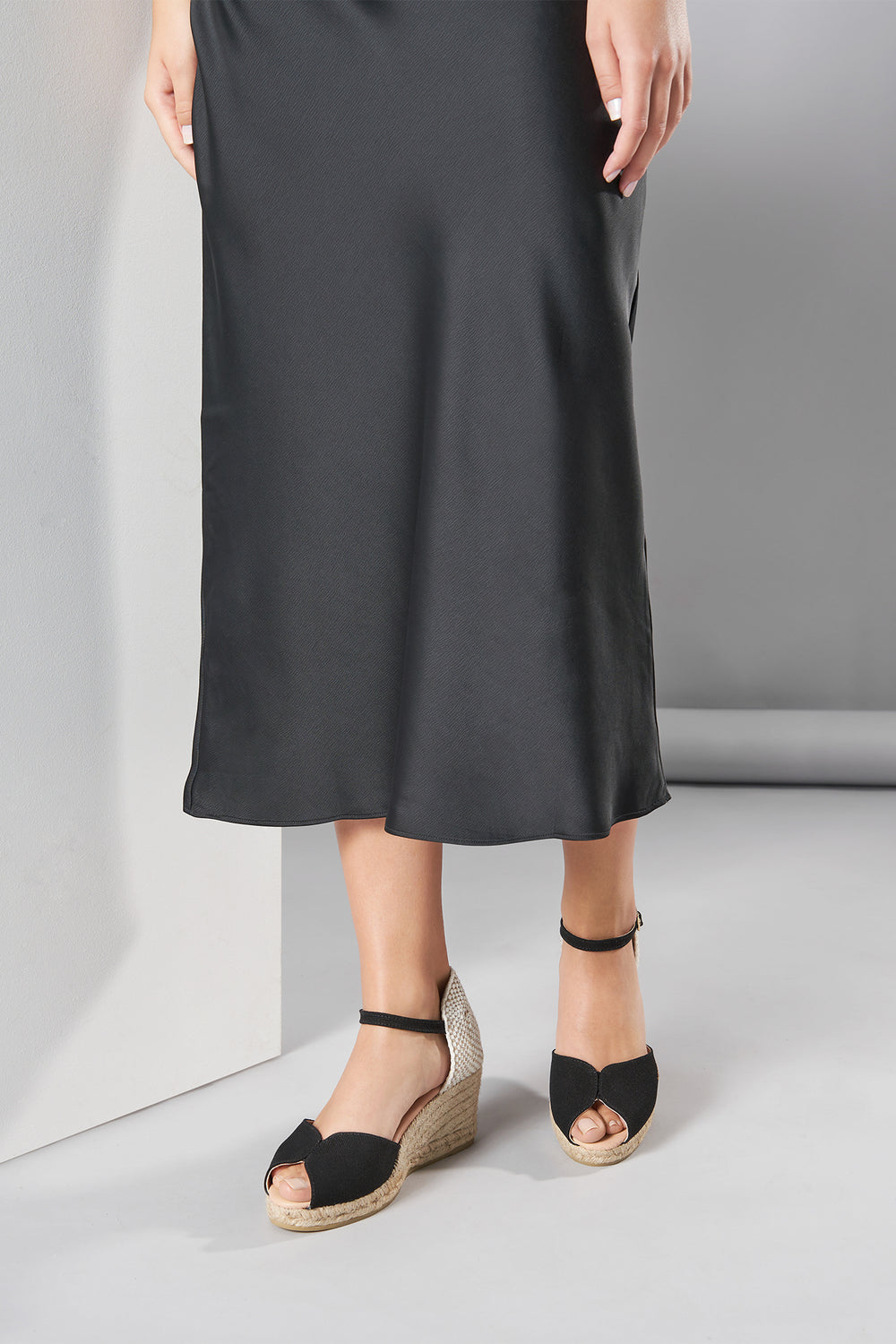 Sacova Black Canvas Ankle Strap Women Espadrille Wedges Legs