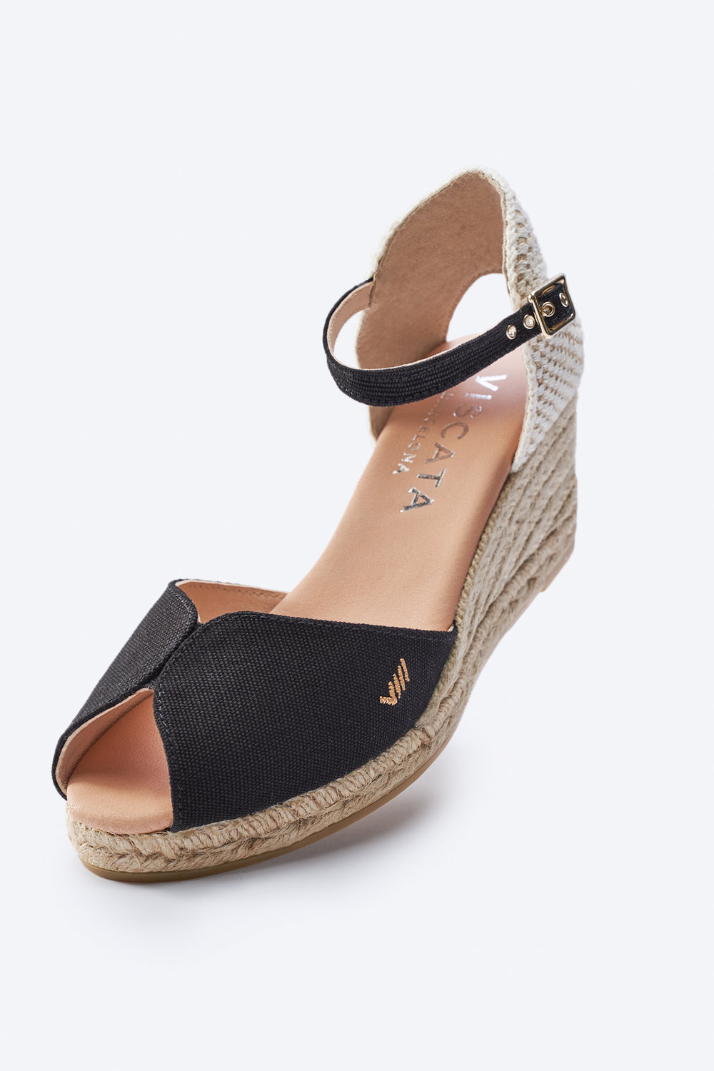Sacova Black Canvas Ankle Strap Women Espadrille Medium Heel Wedge