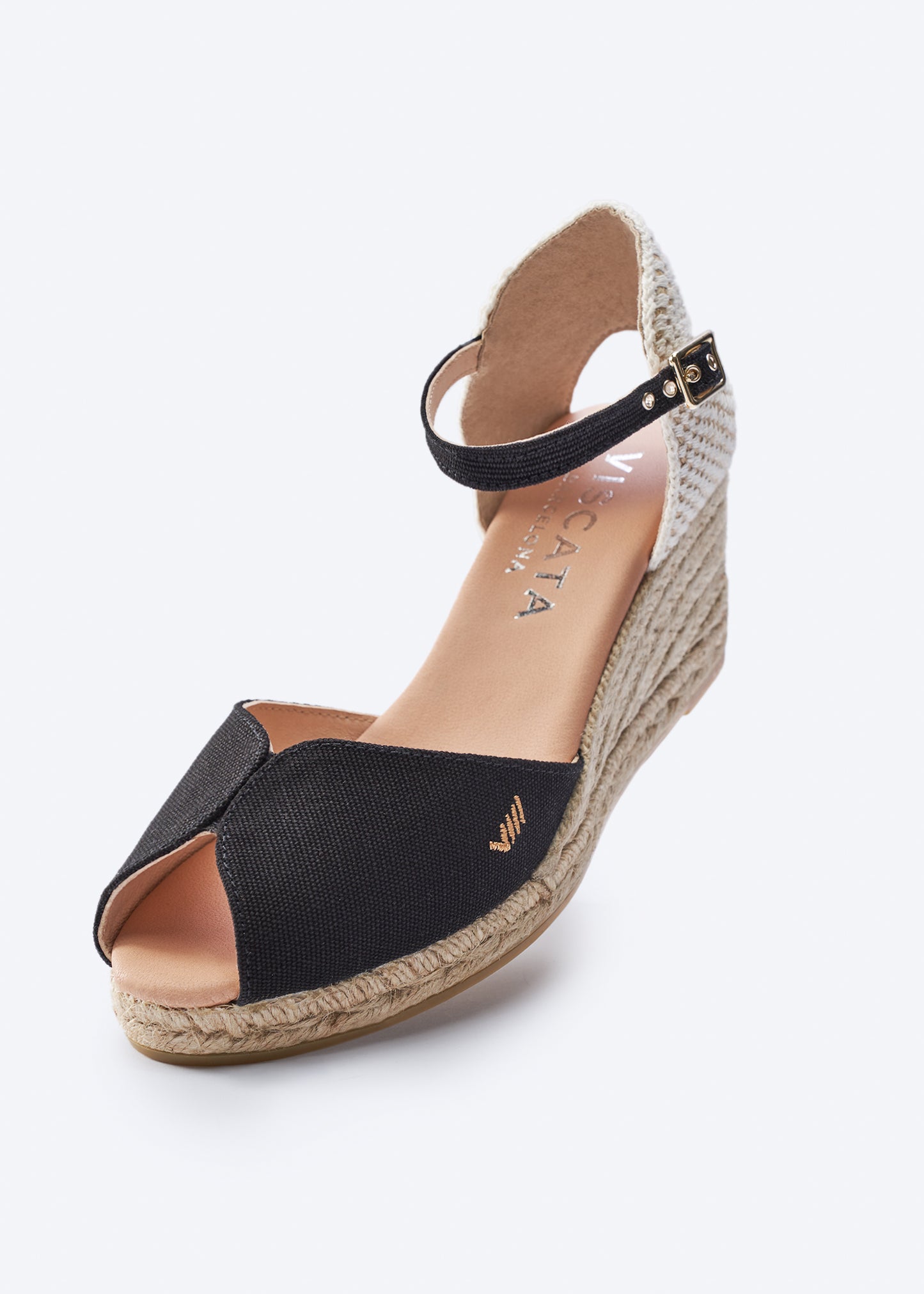 Sacova Black Canvas Ankle Strap Women Espadrille Medium Heel Wedge