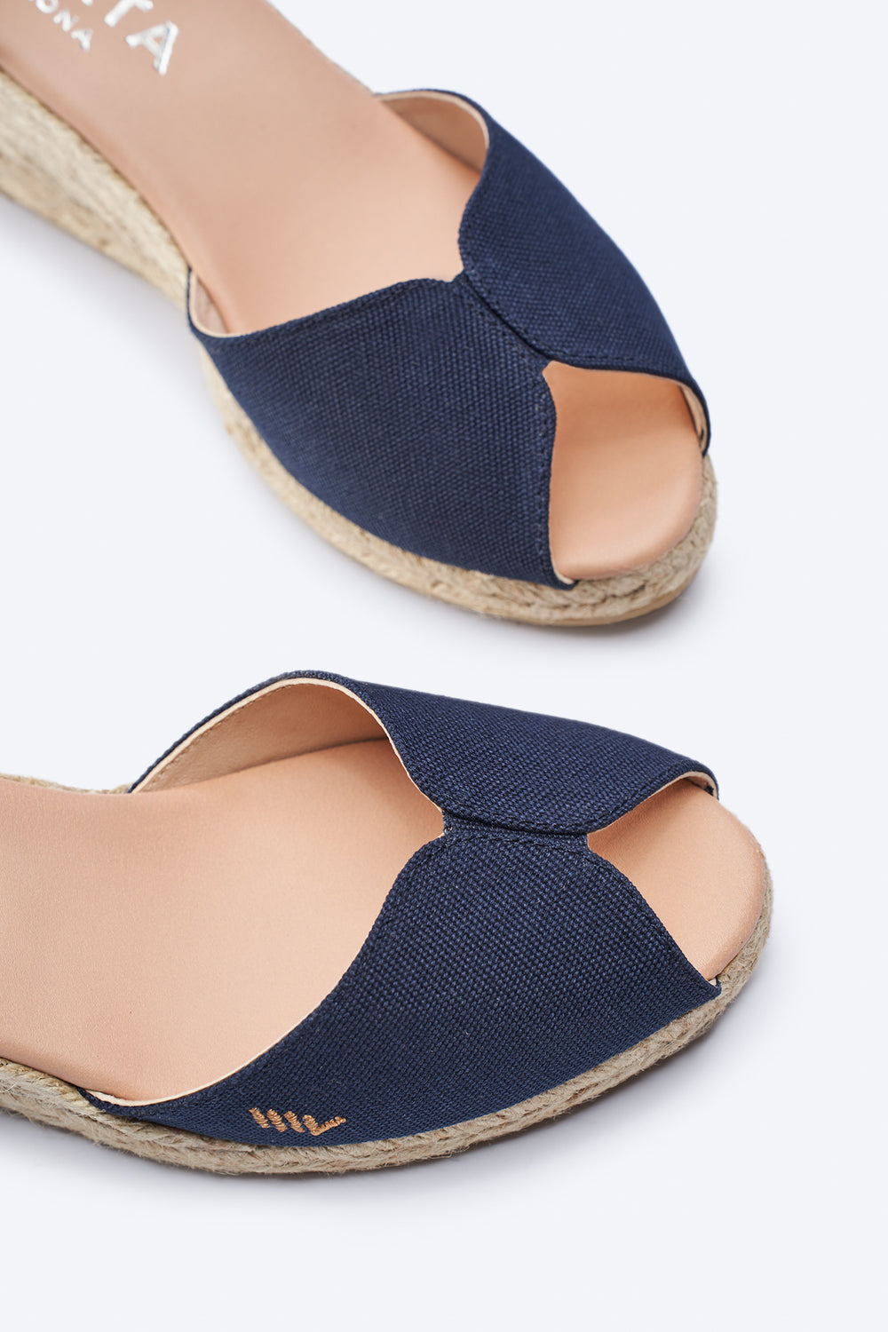 Sacova Navy Blue Canvas Ankle Strap Women Espadrille Wedges Open Toe Detail