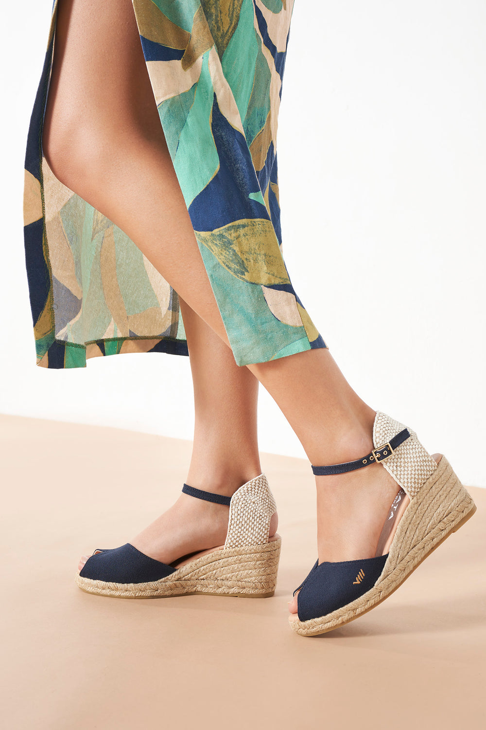 Sacova Navy Blue Canvas Ankle Strap Women Espadrille Open Toe Wedges Legs