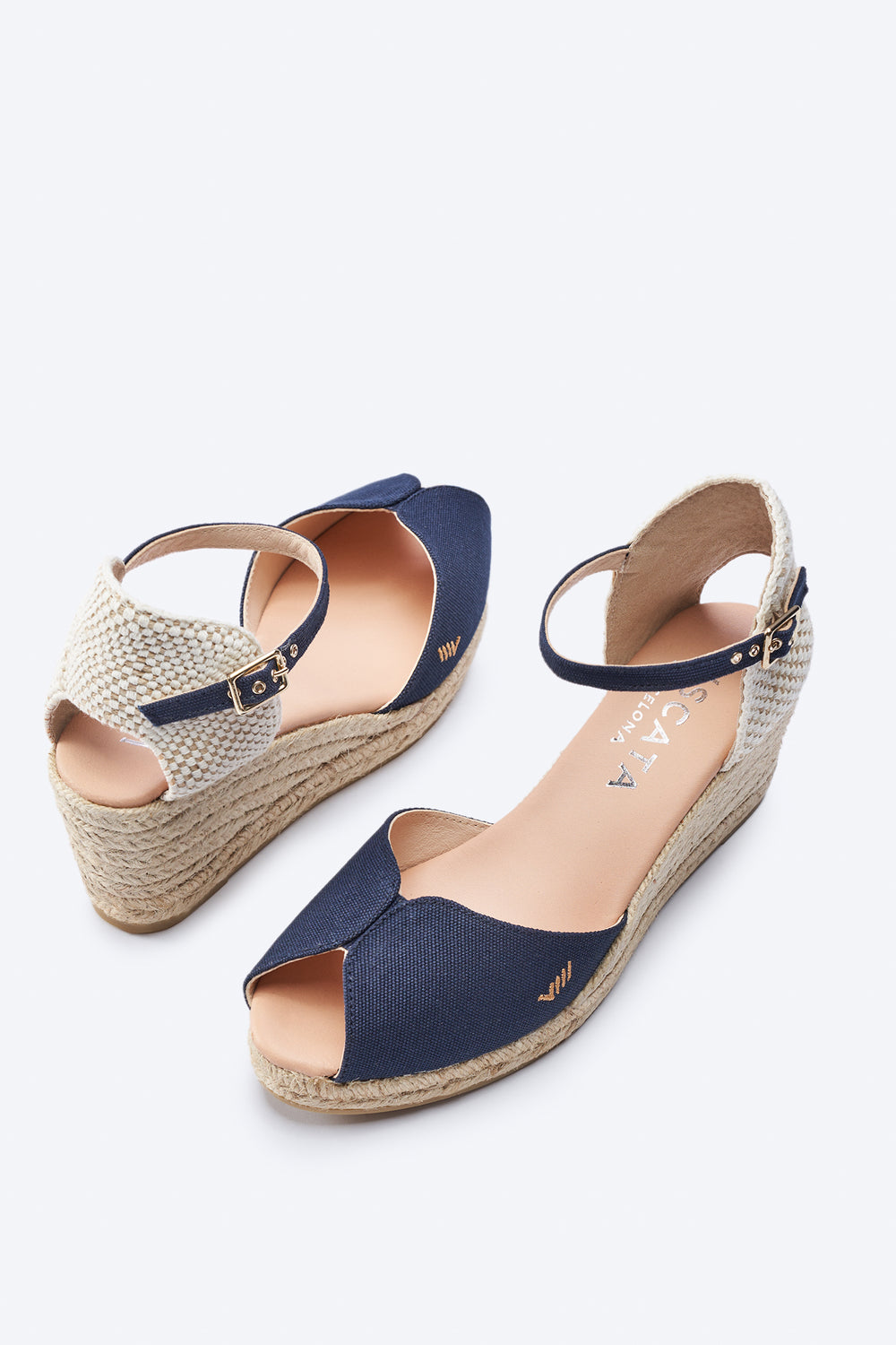 Sacova Navy Blue Canvas Ankle Strap Women Espadrille Wedges Open Toe and Flexible Back Details