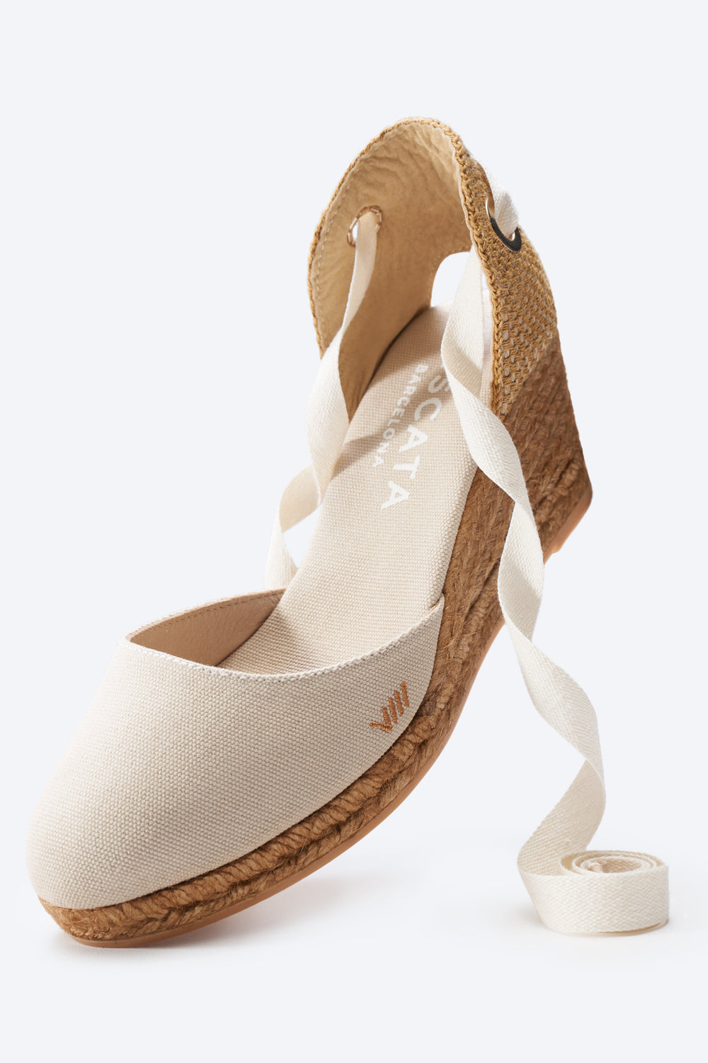Sagaro Beige Canvas Lace Up Women Closed Toe Espadrille Medium Heel Wedge