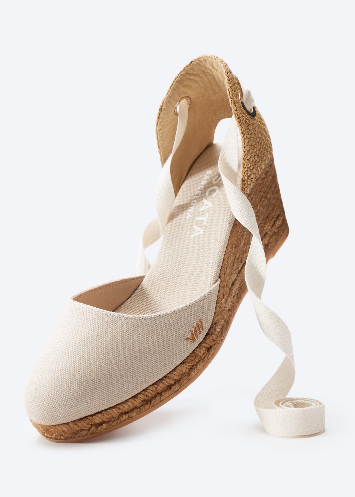 Sagaro Beige Canvas Lace Up Women Closed Toe Espadrille Medium Heel Wedge
