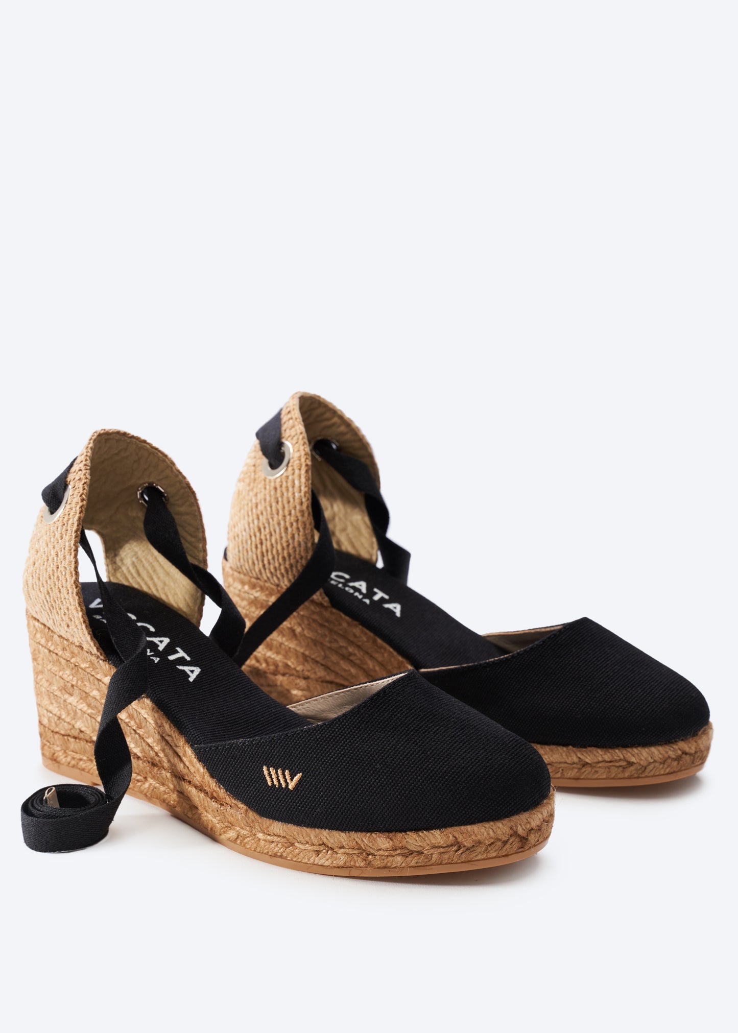 Sagaro Black Canvas Lace Up Women Espadrille Medium Wedges