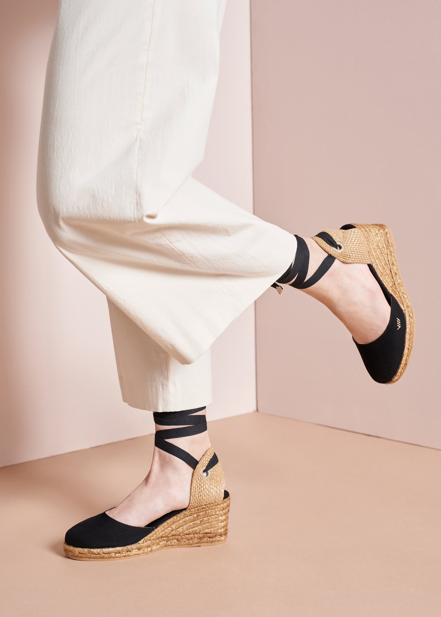 Sagaro Black Canvas Lace Up Women Espadrille Wedges Legs