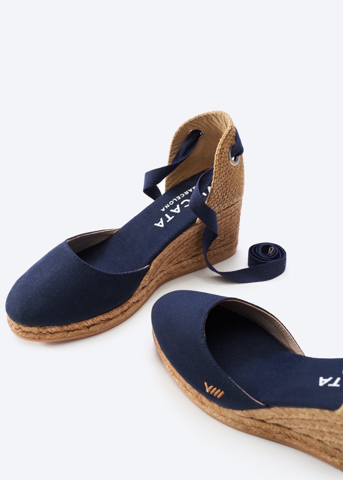 Sagaro Navy Blue Canvas Lace Up Women Espadrille Medium Wedges
