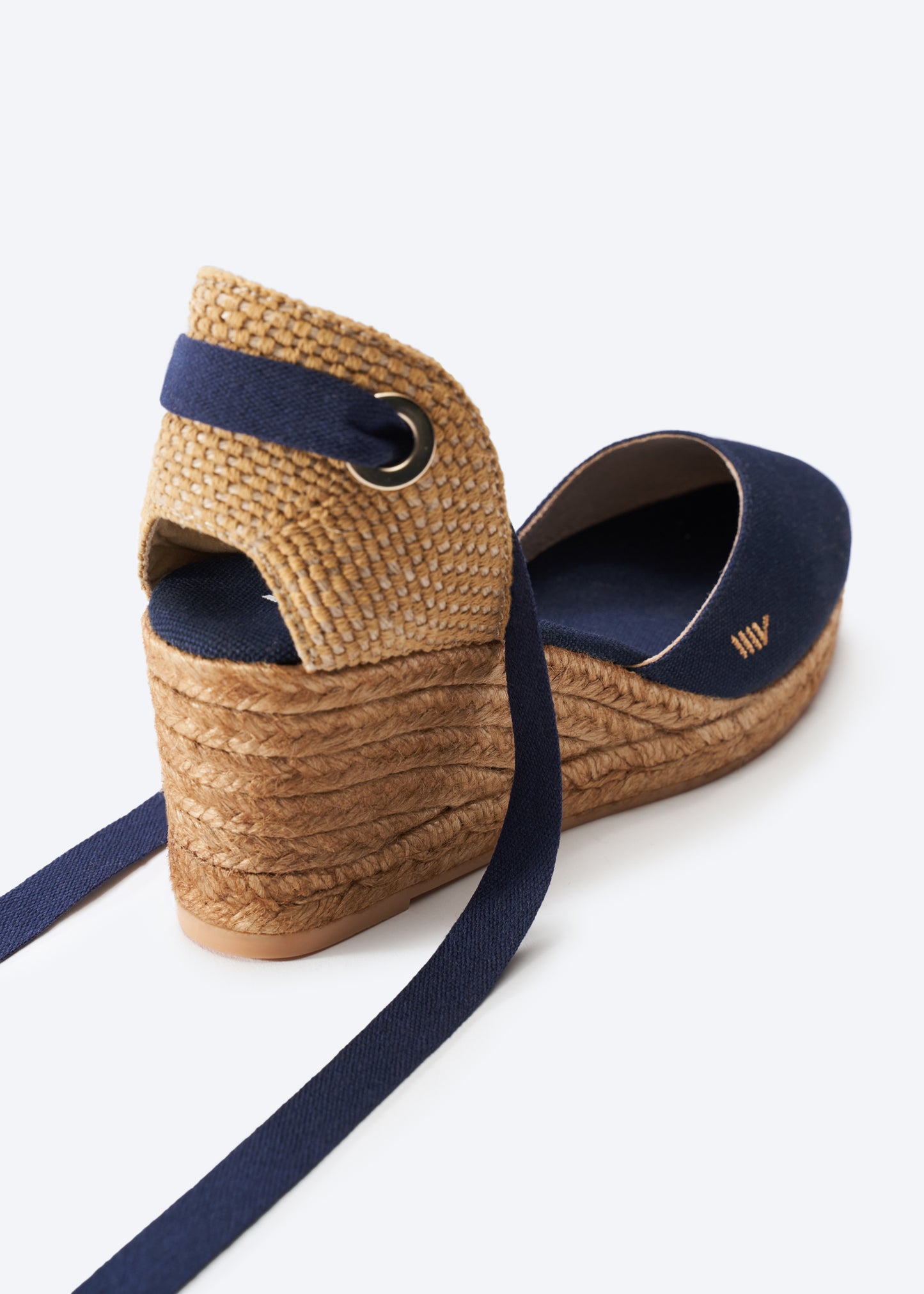 Sagaro Navy Blue Canvas Lace Up Women Espadrille Wedges Flexible Back Detail