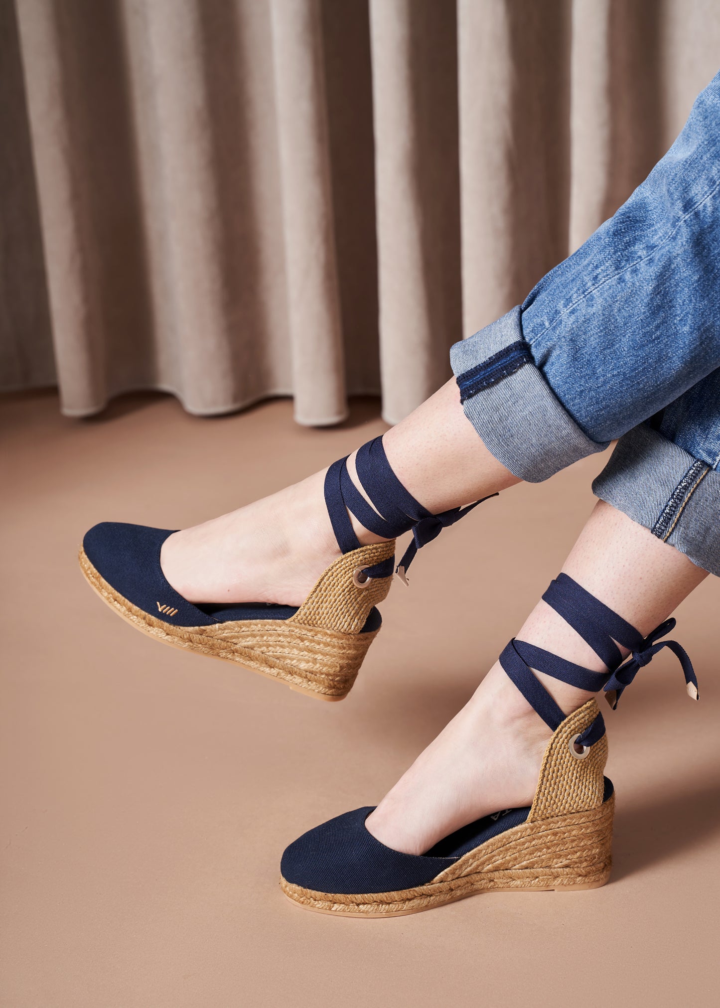 Sagaro Navy Blue Canvas Lace Up Women Espadrille Wedges Legs