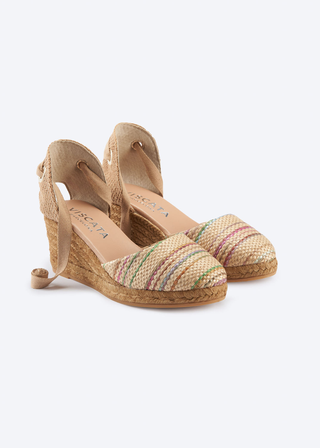 Multicolor raffia wedge espadrille with wraparound ankle ties and a natural braided jute wedge, handcrafted in Spain