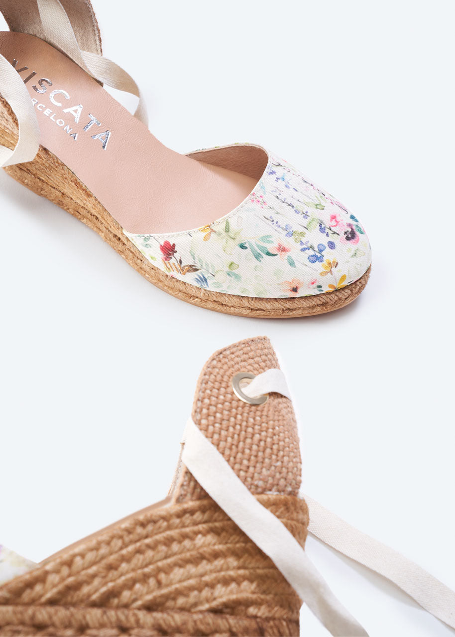 Sagaro Limited Edition Small Flower Canvas Lace Up Women Espadrille Closed Toe Wedges