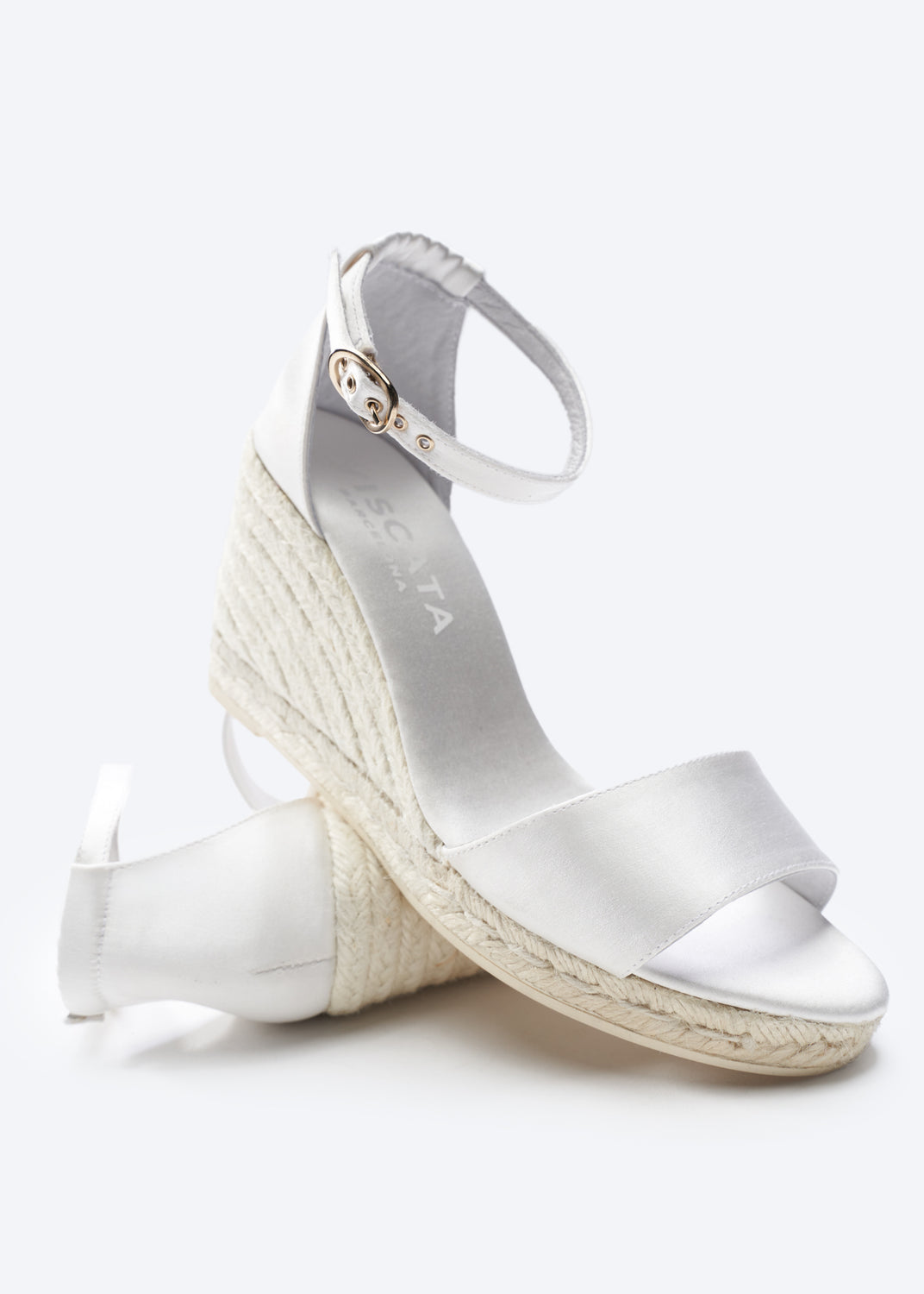 Salguer Ivory Silk Ankle Strap Women Open Toe Jute Espadrille High Heel Wedges