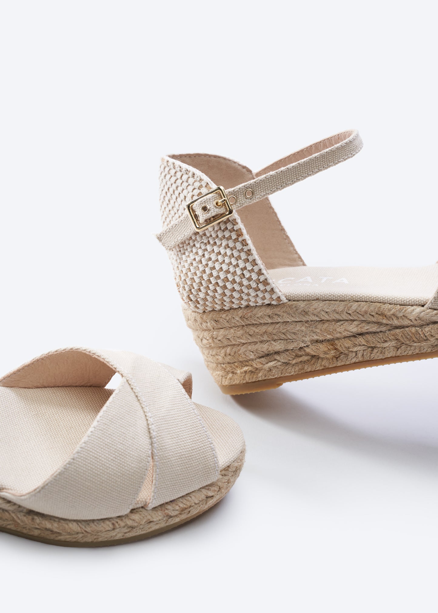 Salina Beige Canvas Women Espadrille Wedges Ankle Strap and Open Toe Detail