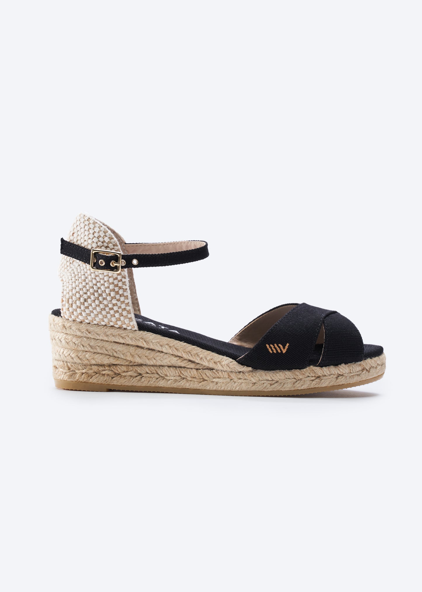 Salina Black Canvas Ankle Strap Women Espadrille Open Toe Wedges