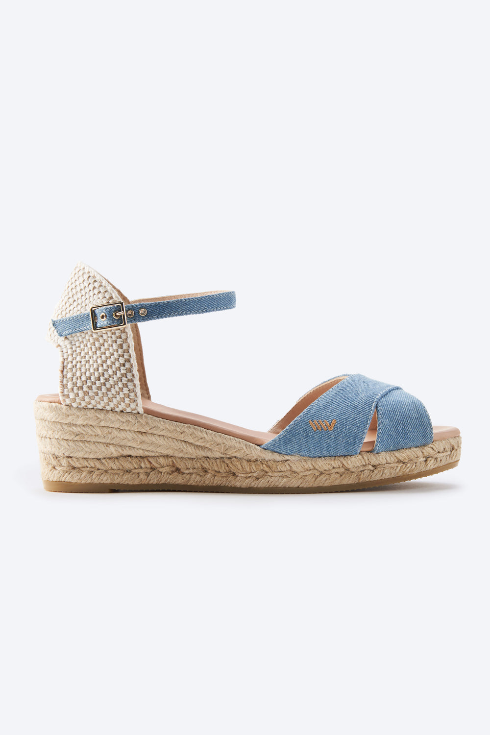 Salina Limited Edition Light Denim Canvas Ankle Strap Women Espadrille Low Wedges