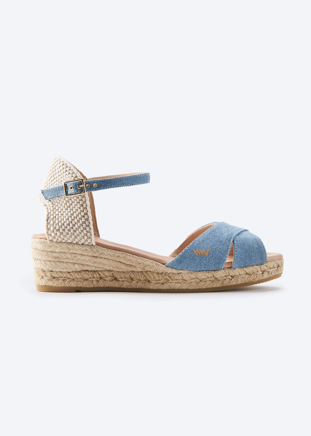 Salina Limited Edition Light Denim Canvas Ankle Strap Women Espadrille Low Wedges