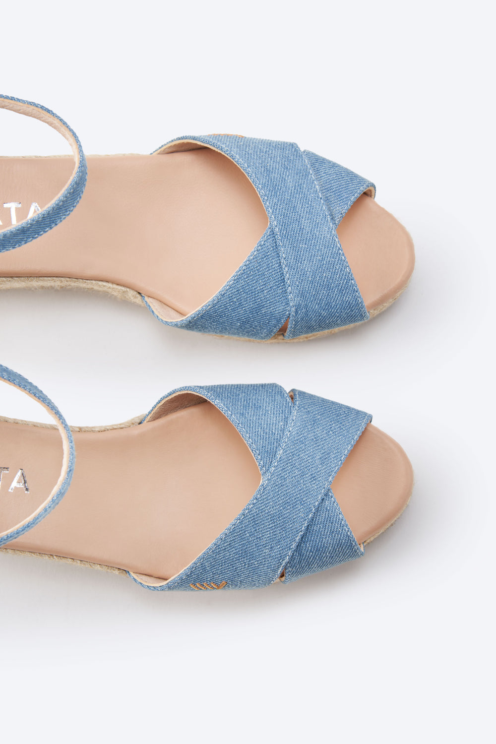 Salina Limited Edition Light Denim Canvas Ankle Strap Crossed Open Toe Women Espadrille Low Wedges 