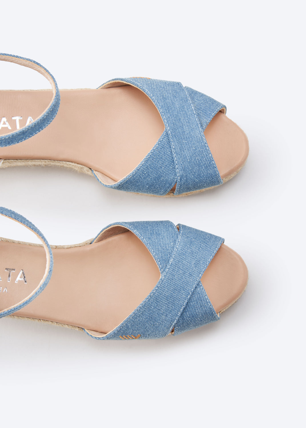Salina Limited Edition Light Denim Canvas Ankle Strap Crossed Open Toe Women Espadrille Low Wedges 