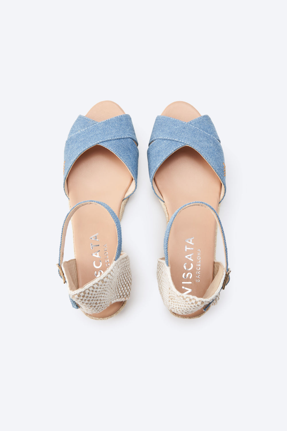 Salina Limited Edition Light Denim Canvas Ankle Strap Flexible Back Women Espadrille Low Wedges