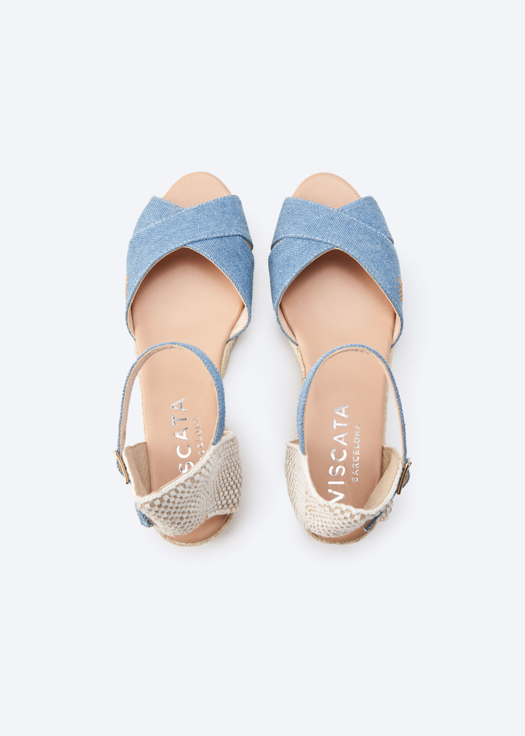 Salina Limited Edition Light Denim Canvas Ankle Strap Flexible Back Women Espadrille Low Wedges